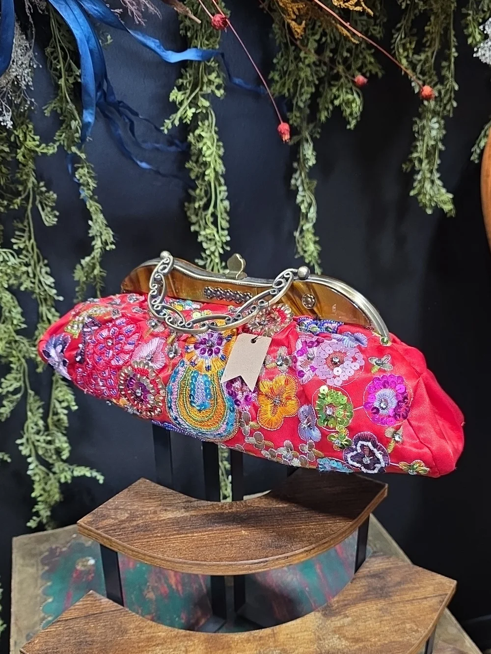 Embroidered Red Satin Floral Kiss-Lock Clutch